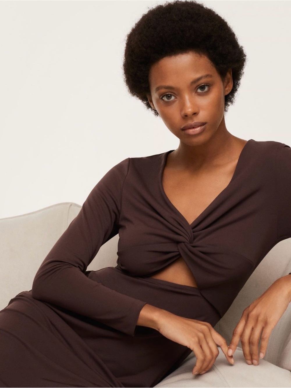 NWT Mango Brown Twist Front Cut Out Midi Dress Long Sleeve Size S - Picture 3 of 7